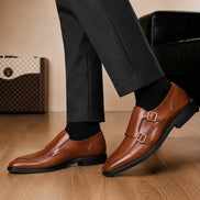 Melodiapelle Malvern Apron Monk Strap in tan leather worn with formal trousers, on-feet shot