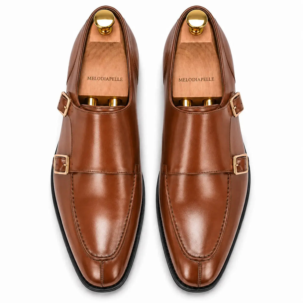Melodiapelle Malvern Apron Monk Strap in tan leather, pair top-down view, handcrafted in Agra