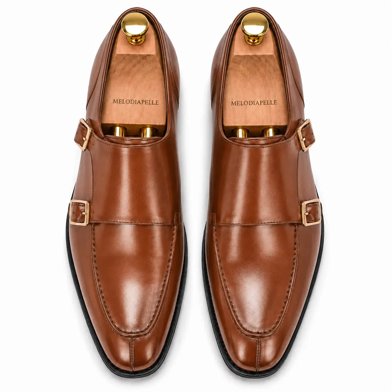 Melodiapelle Malvern Apron Monk Strap in tan leather, pair top-down view, handcrafted in Agra