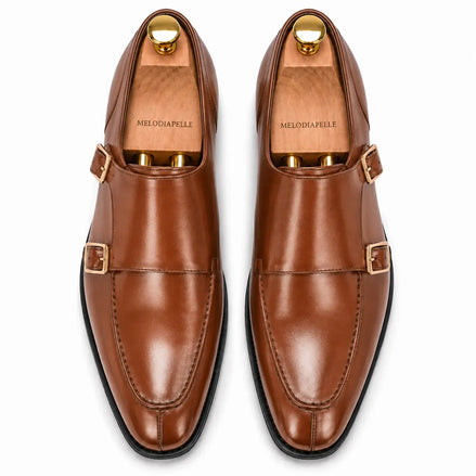 Melodiapelle Malvern Apron Monk Strap in tan leather, pair top-down view, handcrafted in Agra