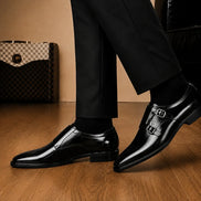 Melodiapelle Manchester Monk Strap in black leather worn with formal trousers, on-feet shot