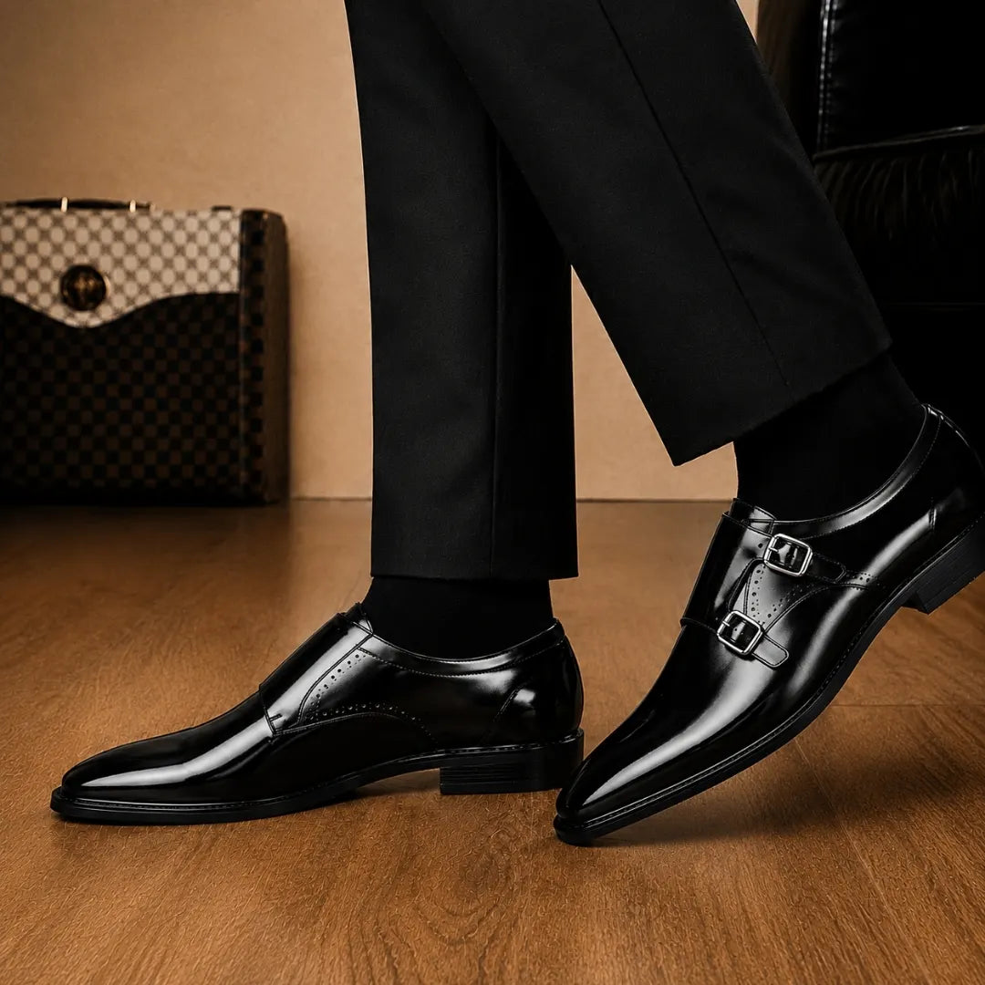 Melodiapelle Manchester Monk Strap in black leather worn with formal trousers, on-feet shot