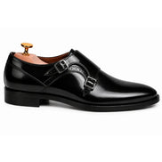 Side profile of the Manchester Monk Strap in black leather on white background