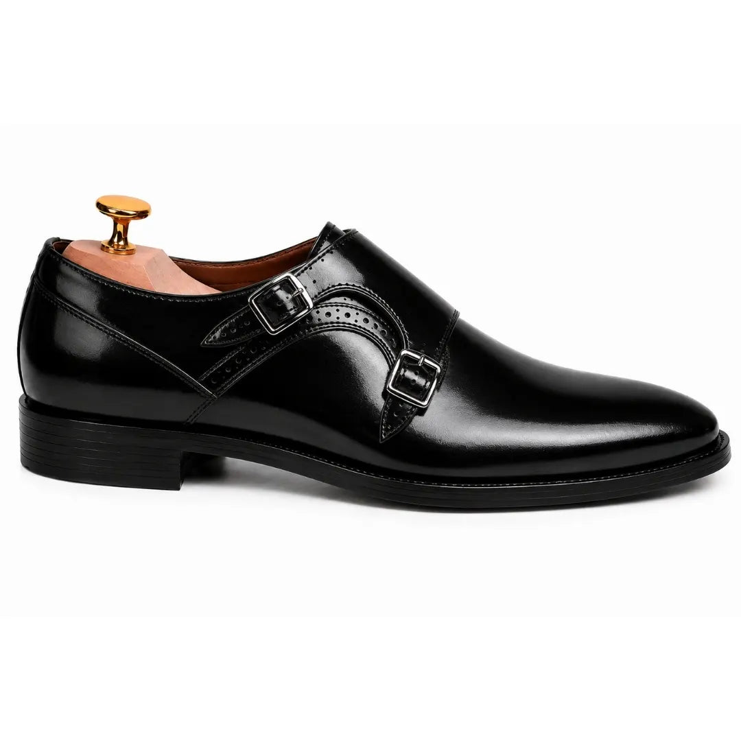 Side profile of the Manchester Monk Strap in black leather on white background