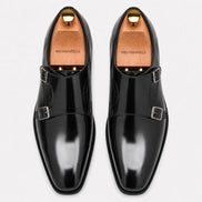 Melodiapelle Manchester Monk Strap in black leather, pair top-down view, handcrafted in Agra