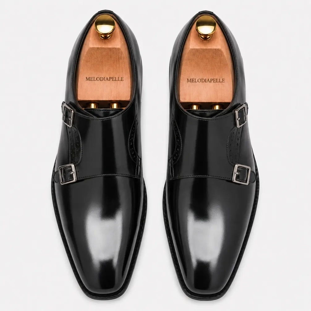 Melodiapelle Manchester Monk Strap in black leather, pair top-down view, handcrafted in Agra