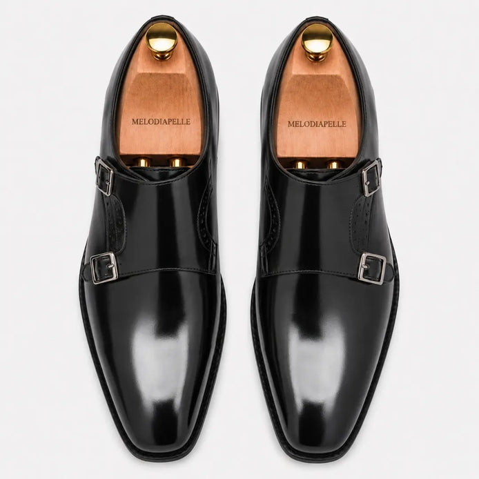 Melodiapelle Manchester Monk Strap in black leather, pair top-down view, handcrafted in Agra