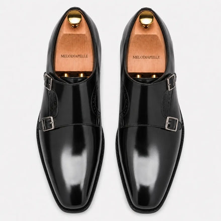 Melodiapelle Manchester Monk Strap in black leather, pair top-down view, handcrafted in Agra