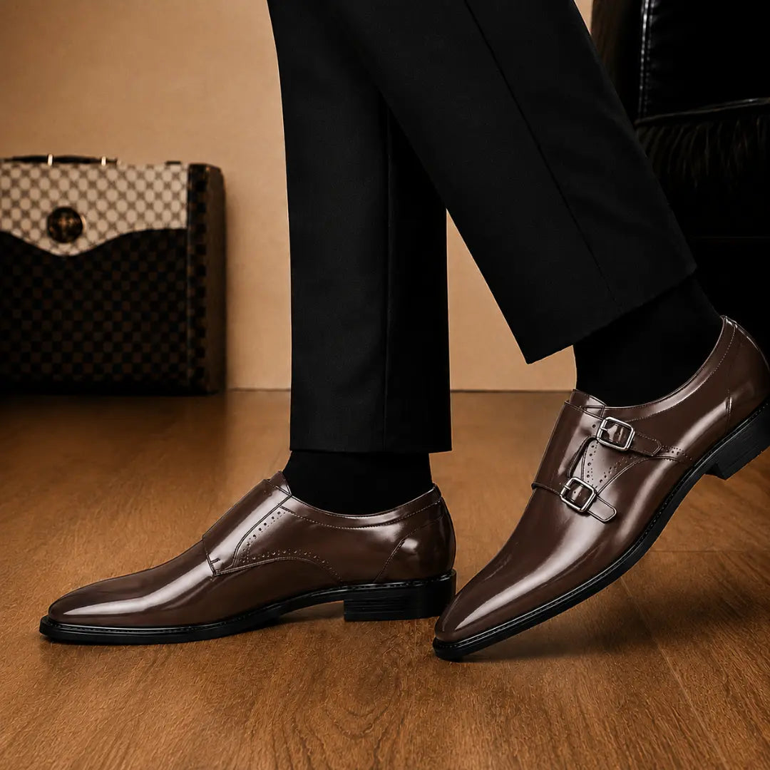 Melodiapelle Manchester Monk Strap in brown leather worn with formal trousers, on-feet shot