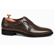 Side profile of the Manchester Monk Strap in brown leather on white background