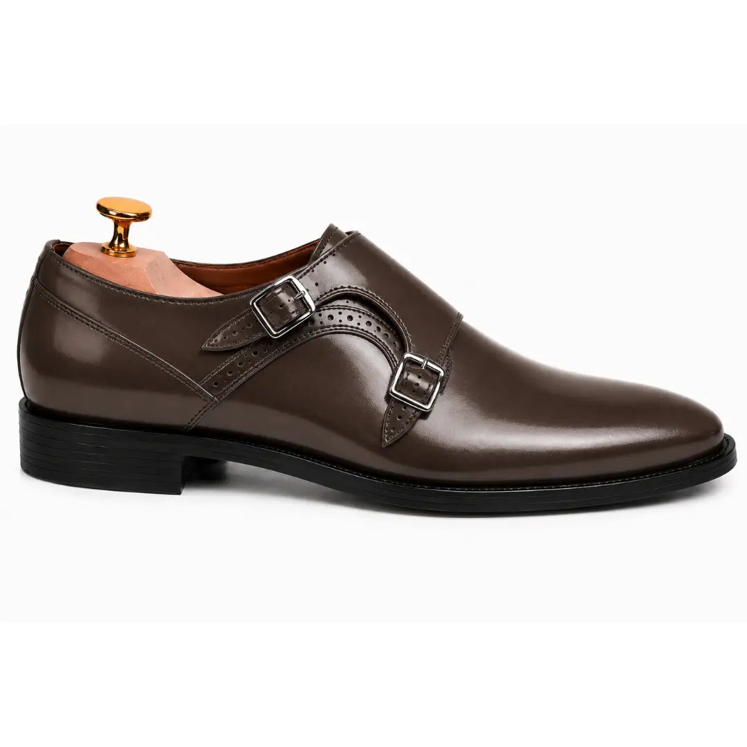 Side profile of the Manchester Monk Strap in brown leather on white background