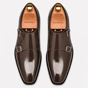 Melodiapelle Manchester Monk Strap in brown leather, pair top-down view, handcrafted in Agra