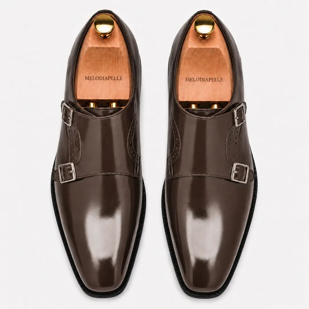 Melodiapelle Manchester Monk Strap in brown leather, pair top-down view, handcrafted in Agra