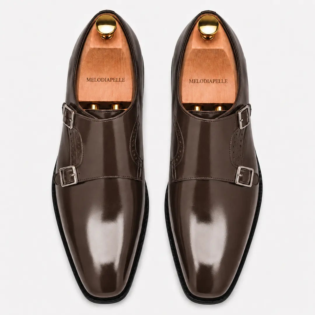 Melodiapelle Manchester Monk Strap in brown leather, pair top-down view, handcrafted in Agra