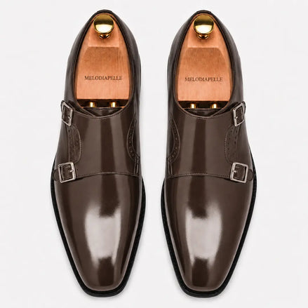 Melodiapelle Manchester Monk Strap in brown leather, pair top-down view, handcrafted in Agra