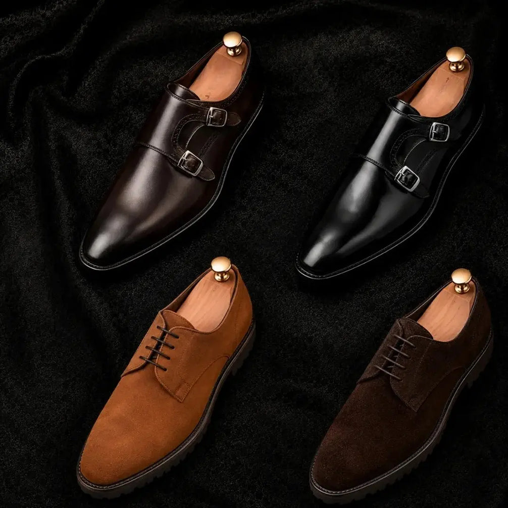 Melodiapelle Manchester Monk Strap collection in burgundy, black, brown and tan leather, handcrafted double monk strap shoes displayed together