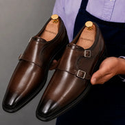 Melodiapelle Manchester Monk Strap in burgundy leather worn with formal trousers, on-feet shot