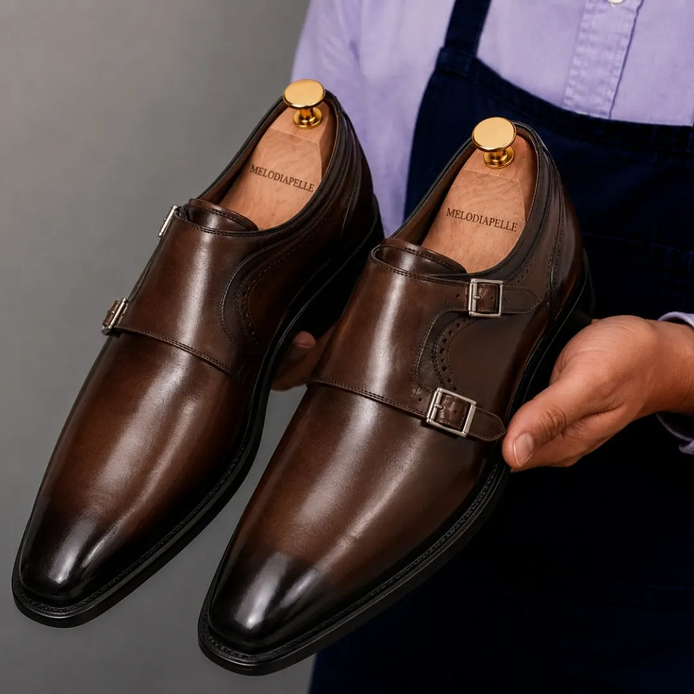 Melodiapelle Manchester Monk Strap in burgundy leather worn with formal trousers, on-feet shot