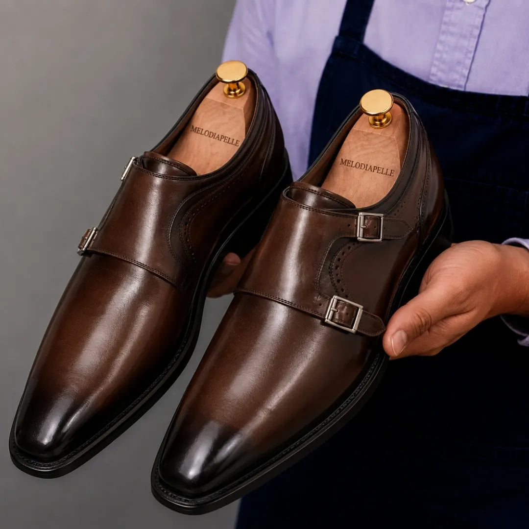 Melodiapelle Manchester Monk Strap in burgundy leather worn with formal trousers, on-feet shot