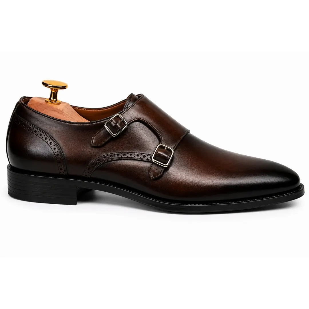 Side profile of the Manchester Monk Strap in burgundy leather on white background