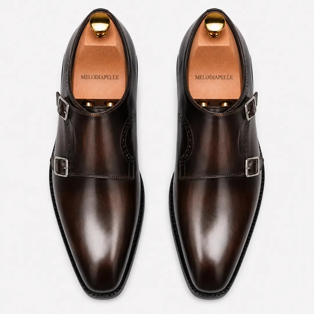 Melodiapelle Manchester Monk Strap in burgundy leather, pair top-down view, handcrafted in Agra