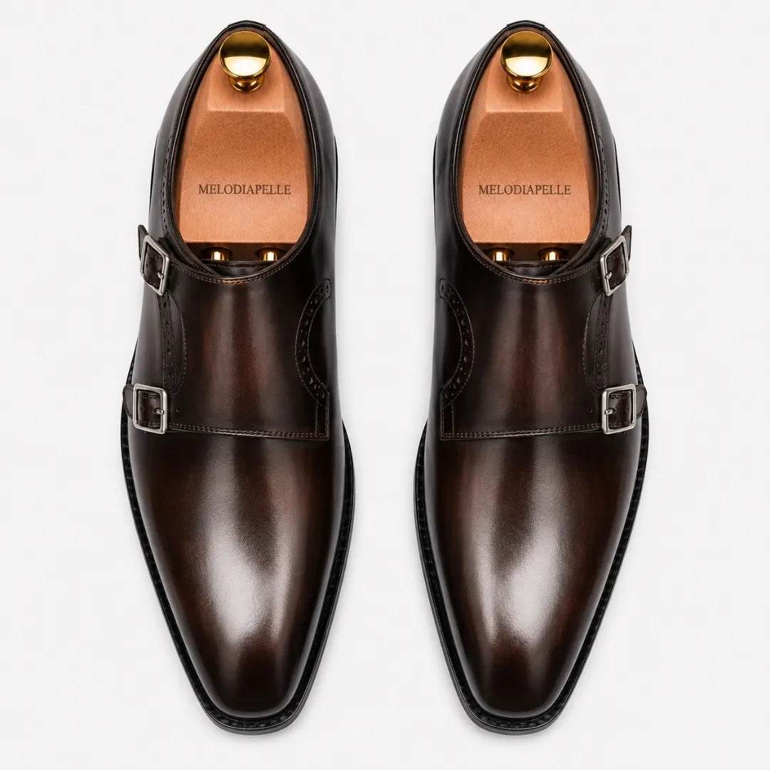 Melodiapelle Manchester Monk Strap in burgundy leather, pair top-down view, handcrafted in Agra