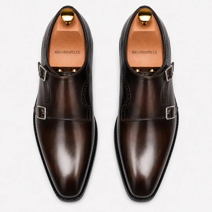 Melodiapelle Manchester Monk Strap in burgundy leather, pair top-down view, handcrafted in Agra