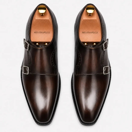 Melodiapelle Manchester Monk Strap in burgundy leather, pair top-down view, handcrafted in Agra