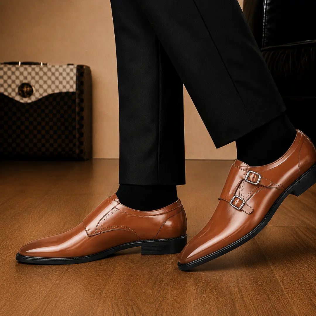 Melodiapelle Manchester Monk Strap in tan leather worn with formal trousers, on-feet shot