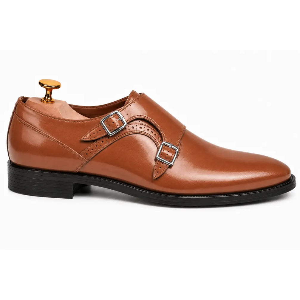 Side profile of the Manchester Monk Strap in tan leather on white background