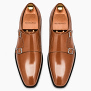 Melodiapelle Manchester Monk Strap in tan leather, pair top-down view, handcrafted in Agra