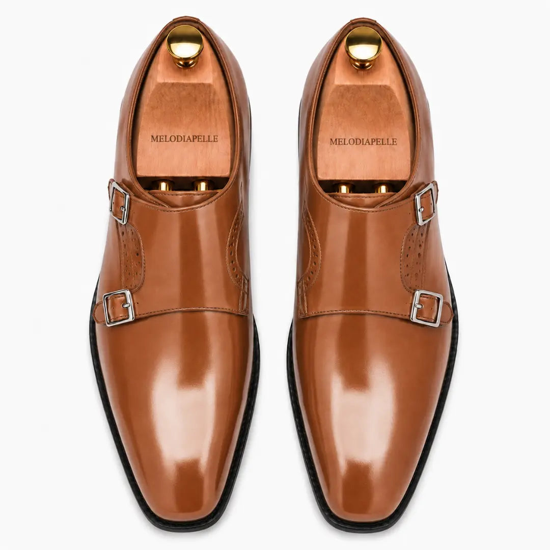 Melodiapelle Manchester Monk Strap in tan leather, pair top-down view, handcrafted in Agra