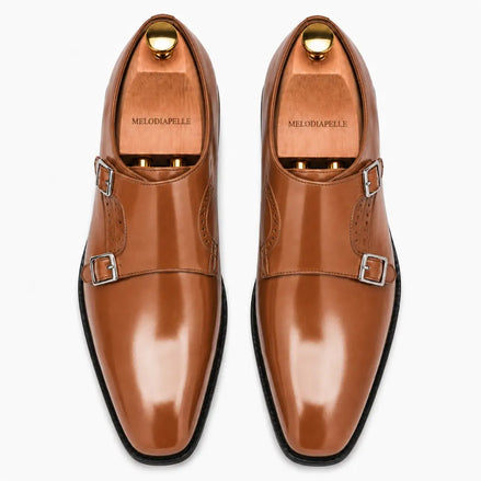 Melodiapelle Manchester Monk Strap in tan leather, pair top-down view, handcrafted in Agra
