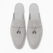 Melodiapelle Mandelli Mule in light grey suede, pair top-down view, handcrafted in Agra