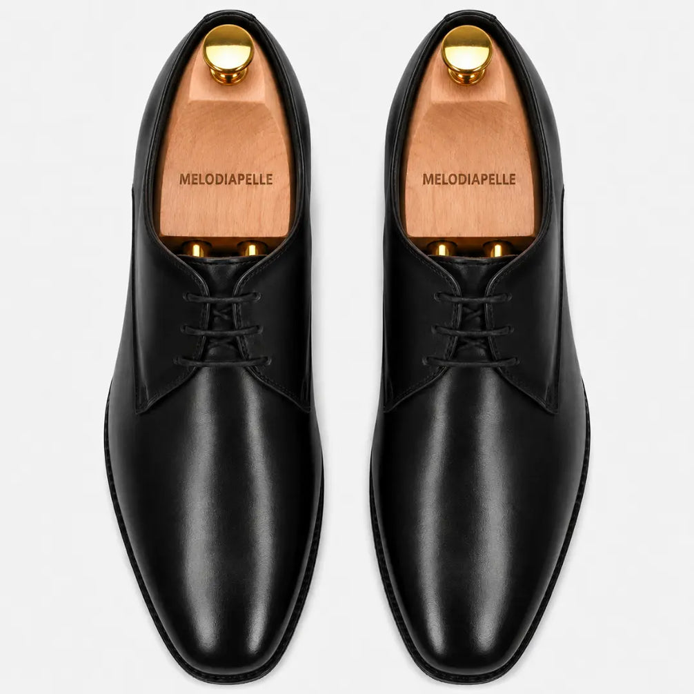 Melodiapelle Mangrove Plain Derby in black leather, pair top-down view, handcrafted in Agra