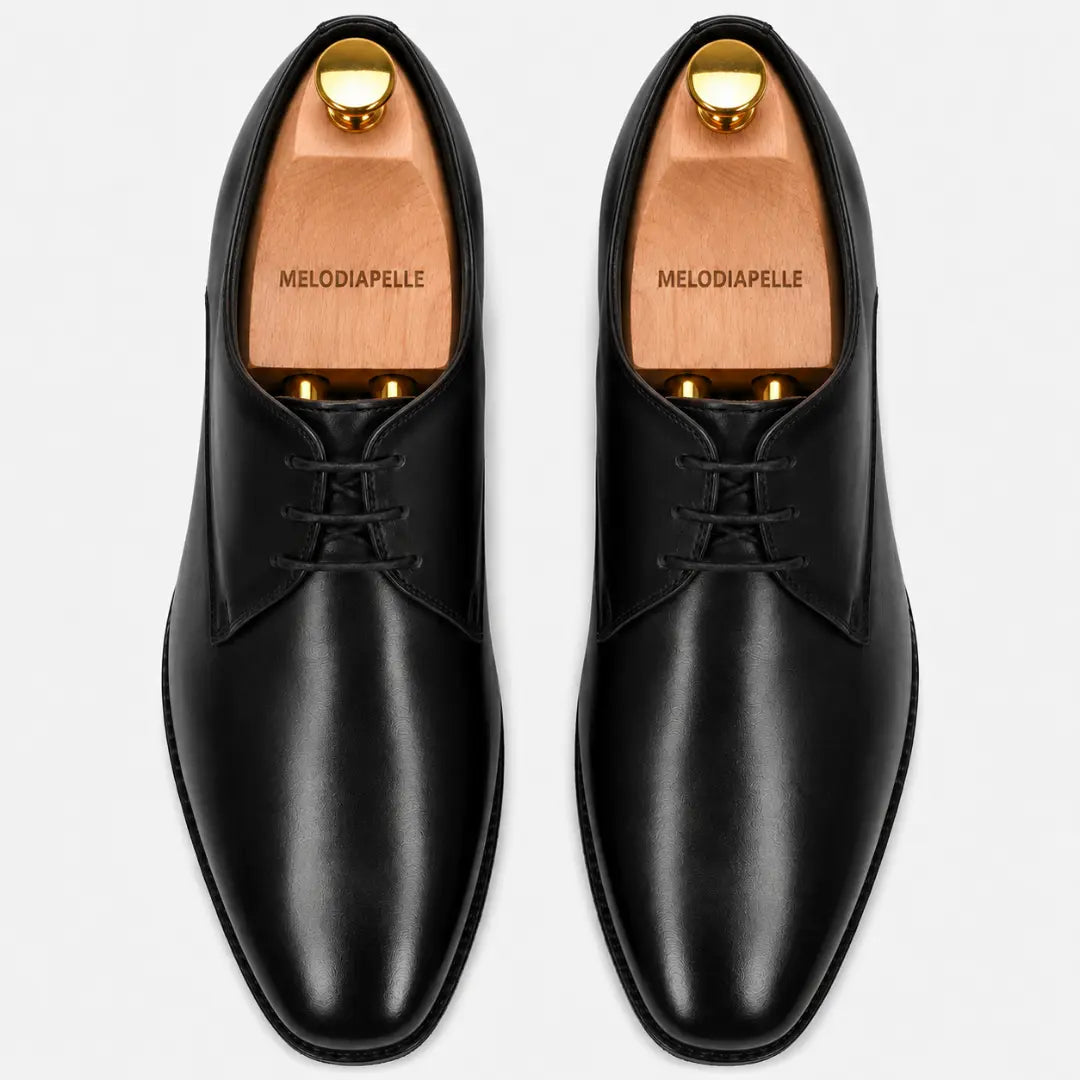 Melodiapelle Mangrove Plain Derby in black leather, pair top-down view, handcrafted in Agra