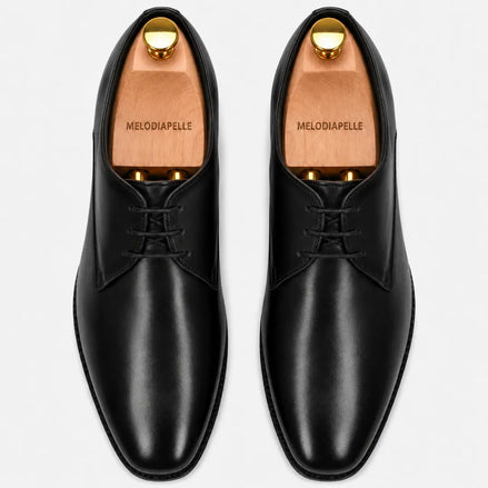 Melodiapelle Mangrove Plain Derby in black leather, pair top-down view, handcrafted in Agra