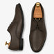 Brown leather plain-toe Derby, three-quarter angle showing heel and clean upper