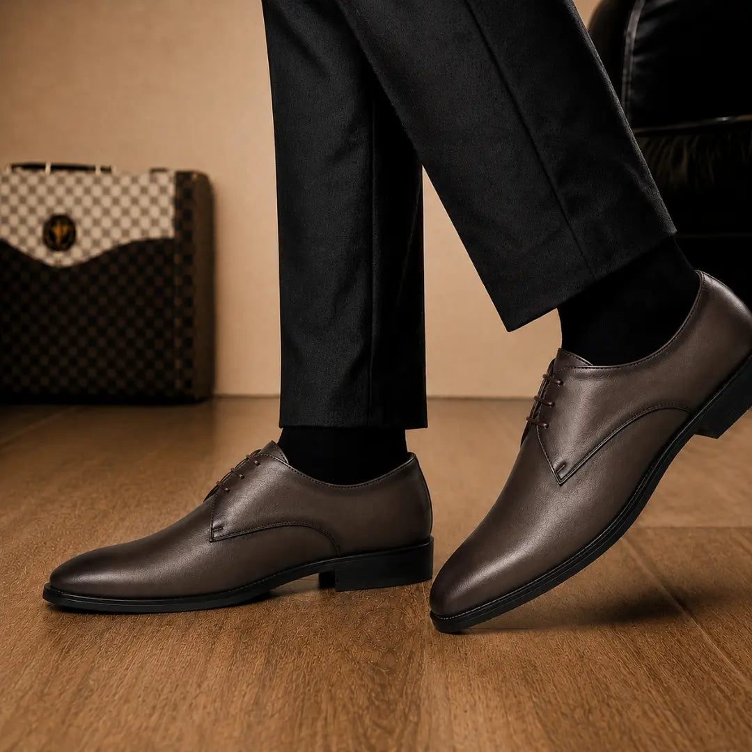 Melodiapelle Mangrove Plain Derby in brown leather worn with formal trousers, on-feet shot