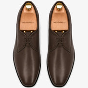 Melodiapelle Mangrove Plain Derby in brown leather, pair top-down view, handcrafted in Agra
