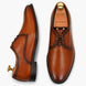 Cognac tan leather plain Derby, three-quarter angle showing heel and Goodyear-welted stitching