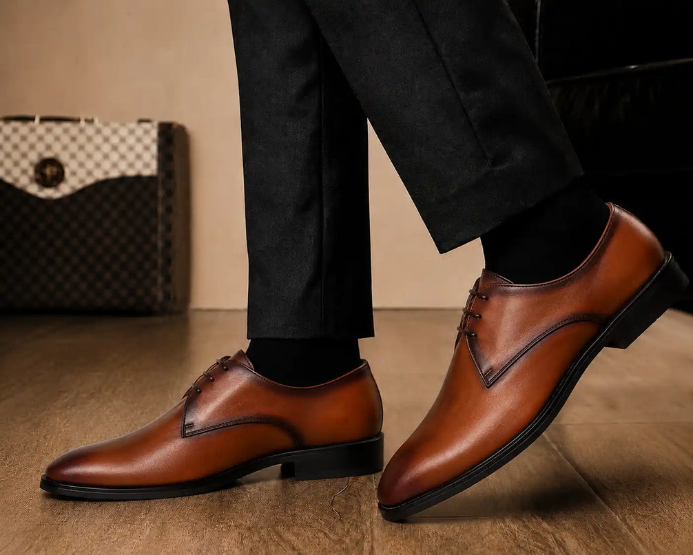 Man wearing Melodiapelle Mangrove Plain Derby in cognac tan with formal trousers, on-feet shot