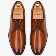 Melodiapelle Mangrove Plain Derby in cognac tan leather, pair top-down view, handcrafted in Agra