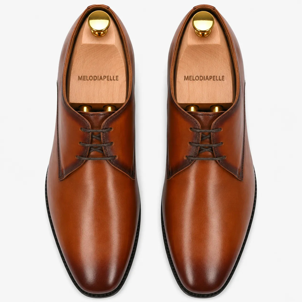 Melodiapelle Mangrove Plain Derby in cognac tan leather, pair top-down view, handcrafted in Agra