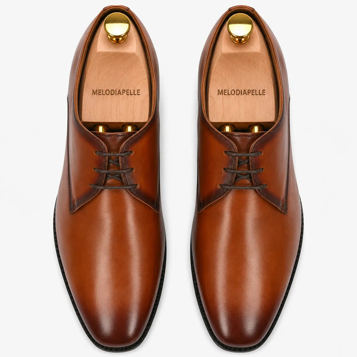 Melodiapelle Mangrove Plain Derby in cognac tan leather, pair top-down view, handcrafted in Agra