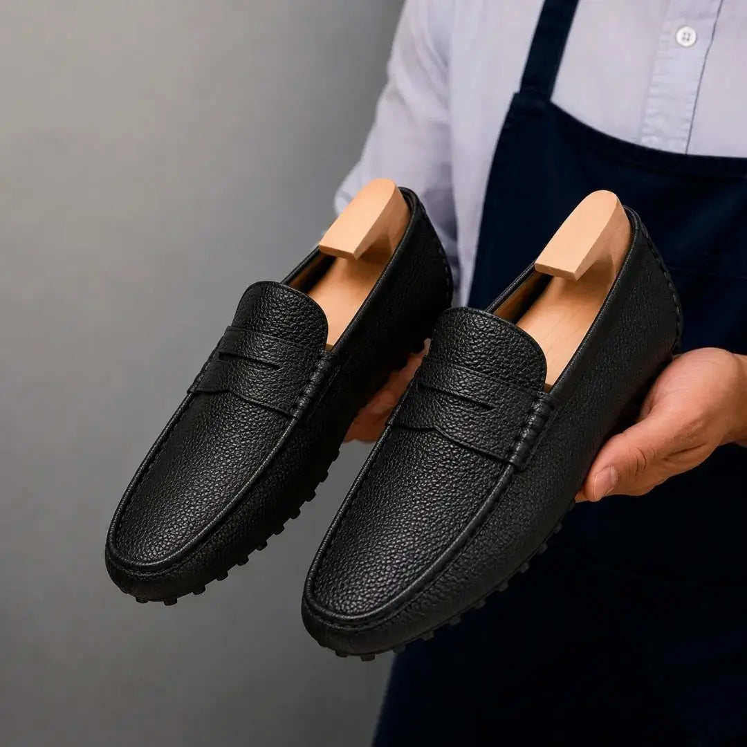 Man holding a pair of Melodiapelle Manhattan Loafers in black leather, close-up
