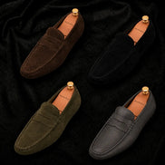 Melodiapelle Manhattan Loafer collection in black, rust tan and dark brown leather, handcrafted penny loafers displayed together