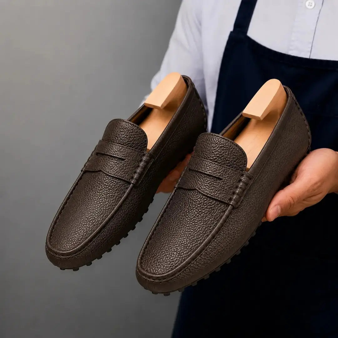 Man holding a pair of Melodiapelle Manhattan Loafers in dark brown leather, close-up