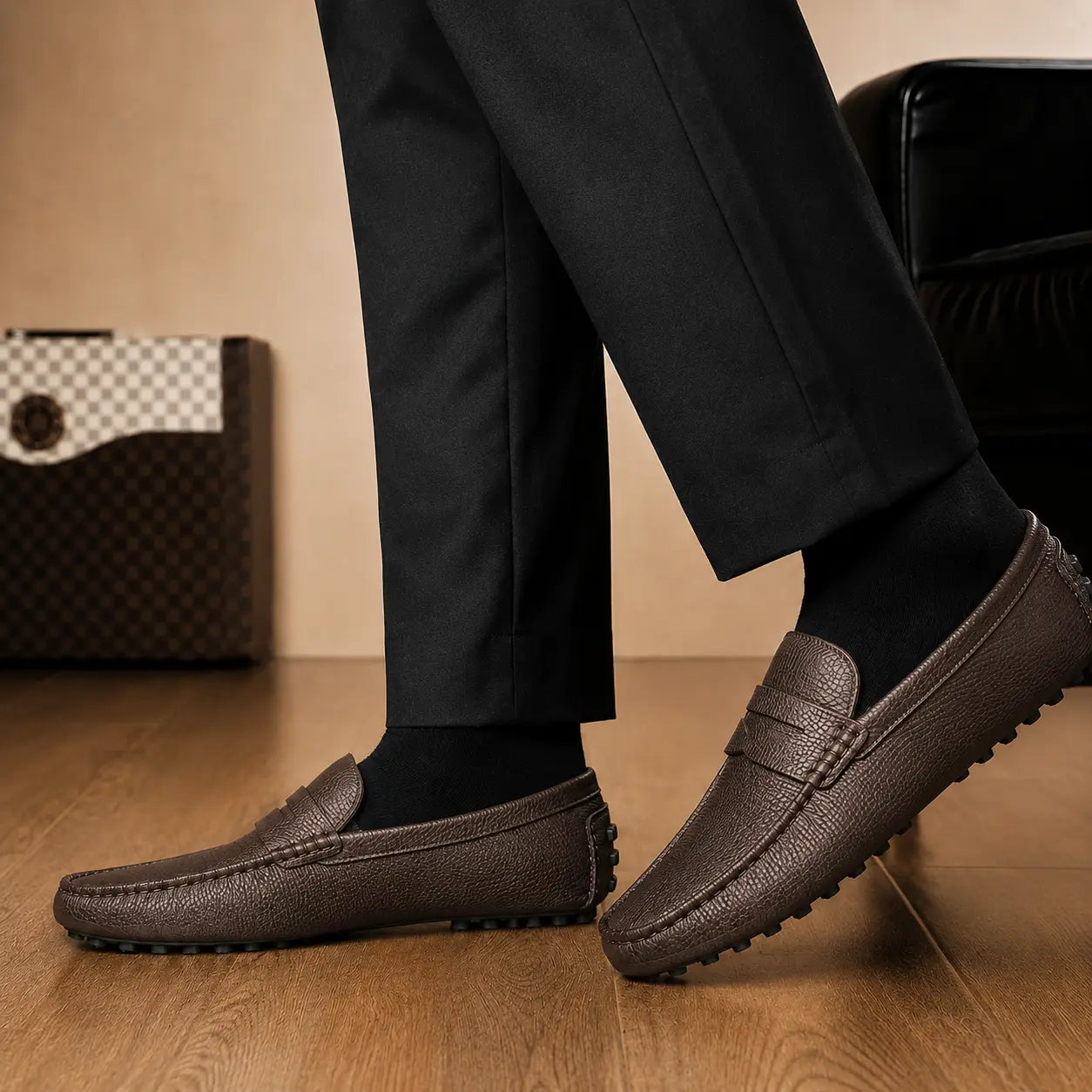 Melodiapelle Manhattan Loafer in dark brown leather worn with trousers, on-feet shot