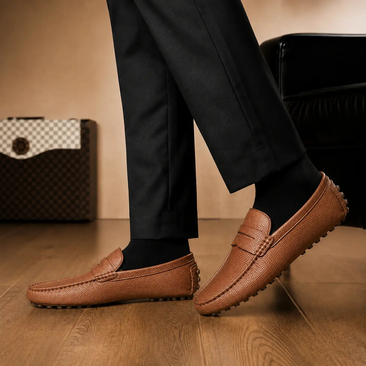 Melodiapelle Manhattan Loafer in rust tan leather worn with trousers, on-feet shot
